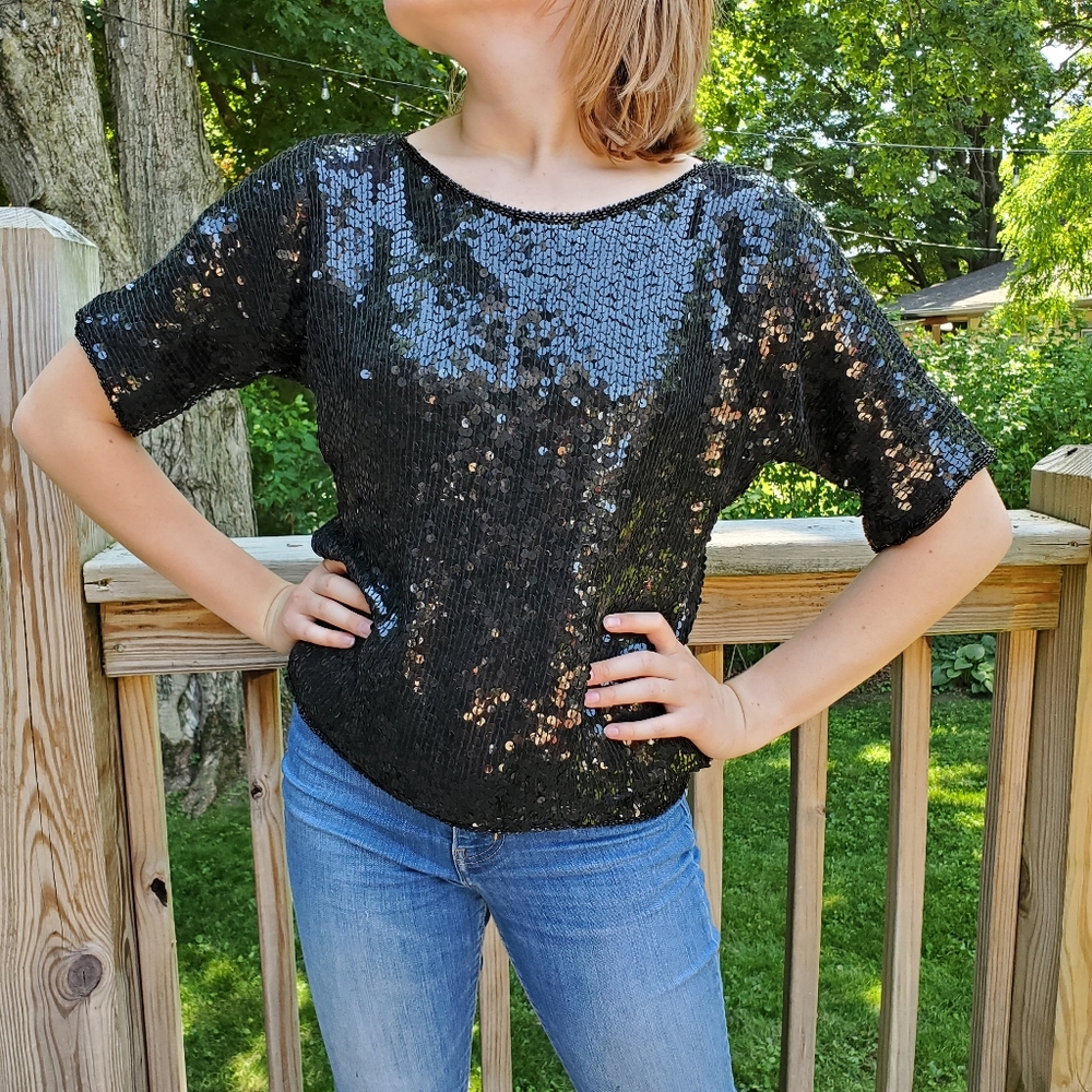 Vintage 80's Disco sequin boxy black top women's size M